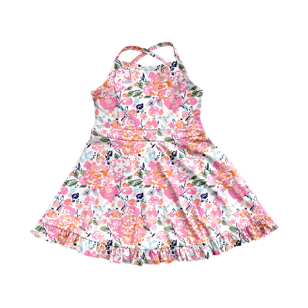 Preorder moq 5 Baby Girls Peach Strap Watercolor Floral Yoga Ruffle Knee Length Dresses