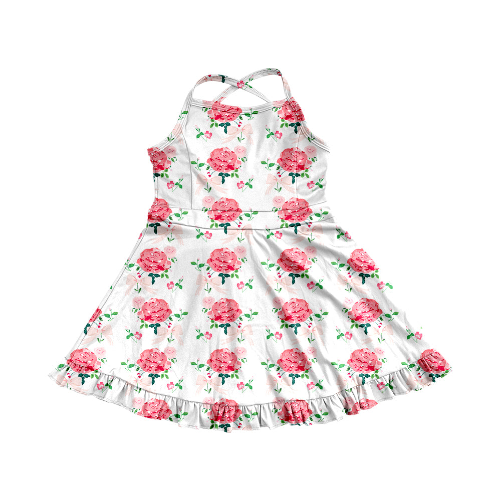 Preorder moq 5 Baby Girls Strap Floral Stripe Yoga Ruffle Knee Length Dresses