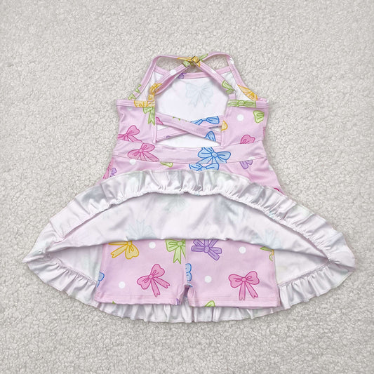 Baby Girls Pink Strap Colorful Bows Polka Dots Yoga Ruffle Knee Length Dresses