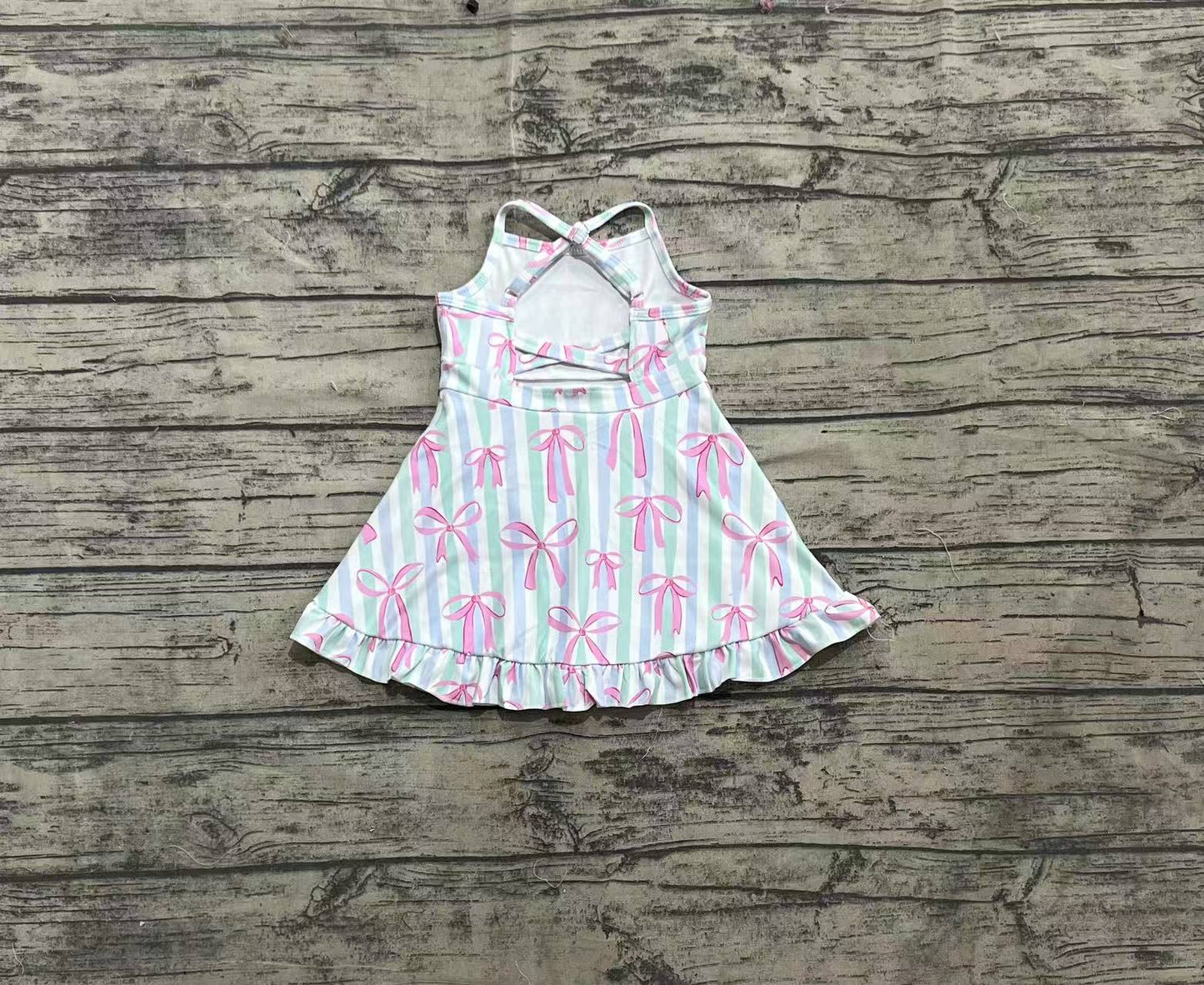 Baby Girls Strap Green Bow Stripe Pink Bows Yoga Ruffle Knee Length Dresses
