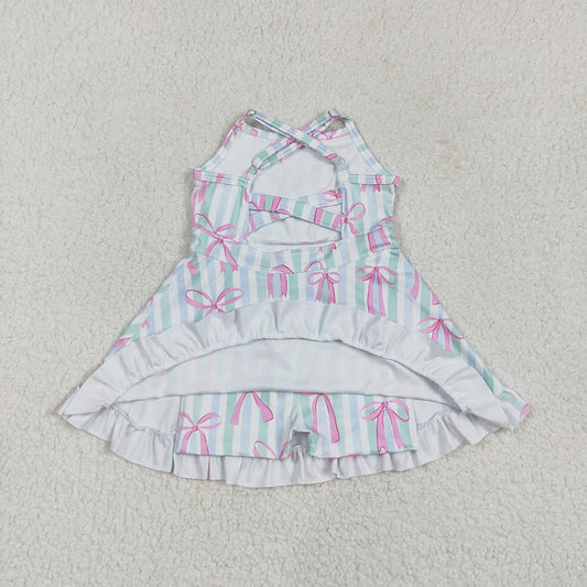 Baby Girls Strap Green Bow Stripe Pink Bows Yoga Ruffle Knee Length Dresses