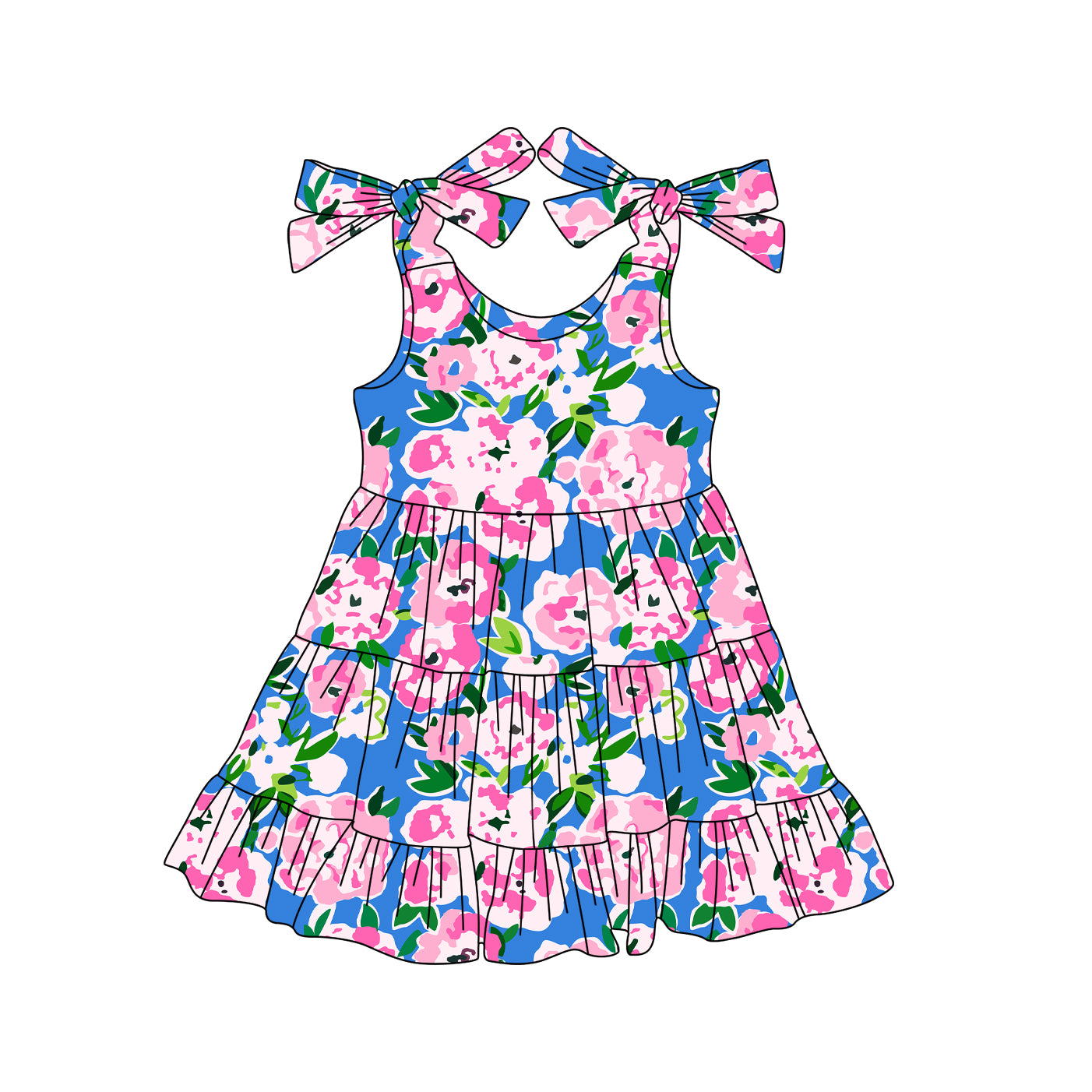 Baby Girls Blue Strap Watercolor Floral Knee Length Dresses Preorder