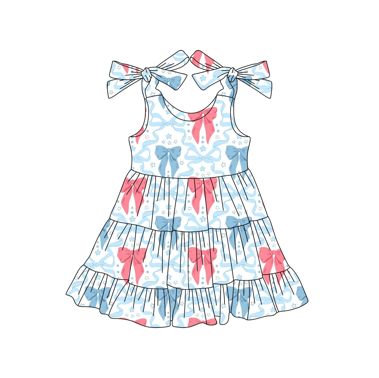Baby Girls Strap Red Blue Bows Stars 4th Of July Knee Length Dresses Preorder