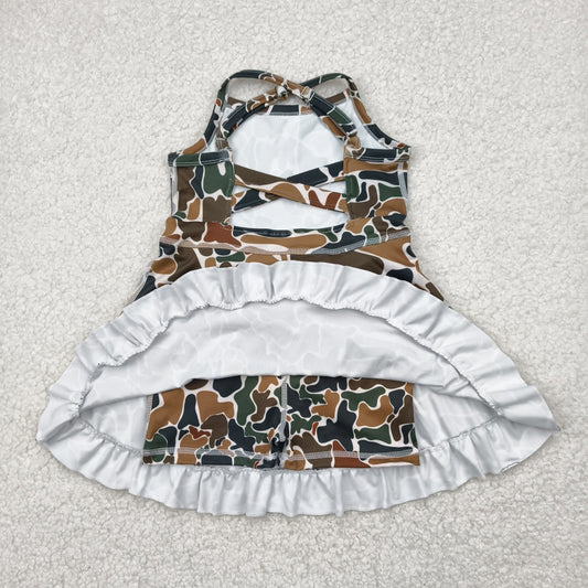 Baby Girls Strap Dark Brown Camo Yoga Ruffle Knee Length Dresses