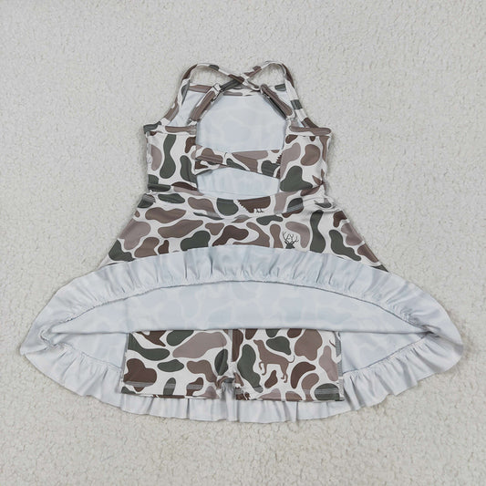 Baby Girls Strap Green Deer Dogs Ducks Camo Yoga Ruffle Knee Length Dresses