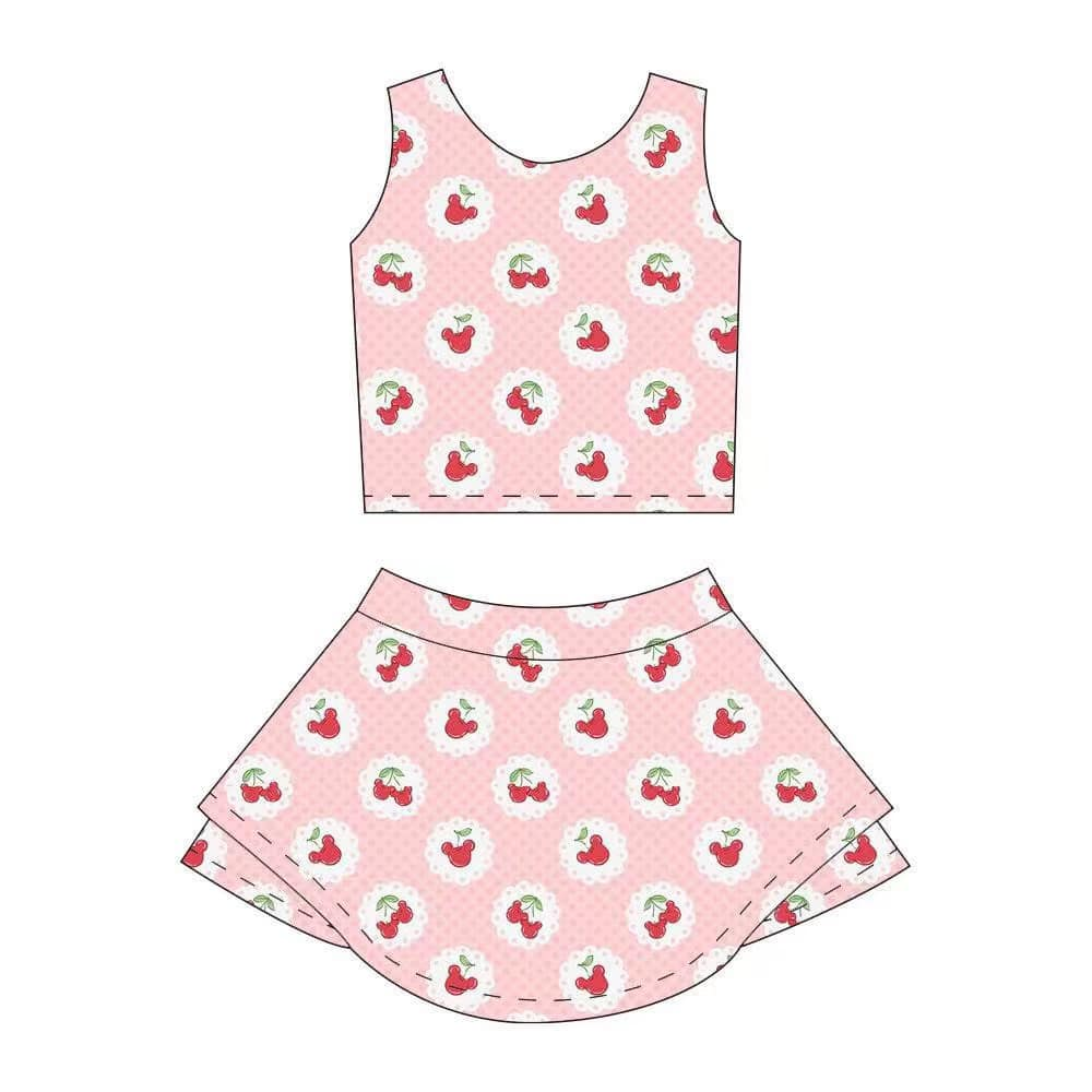 Preorder moq 5 Baby Girls Sleeveless Pink Cartoon Mouse Top Skort Yoga Set