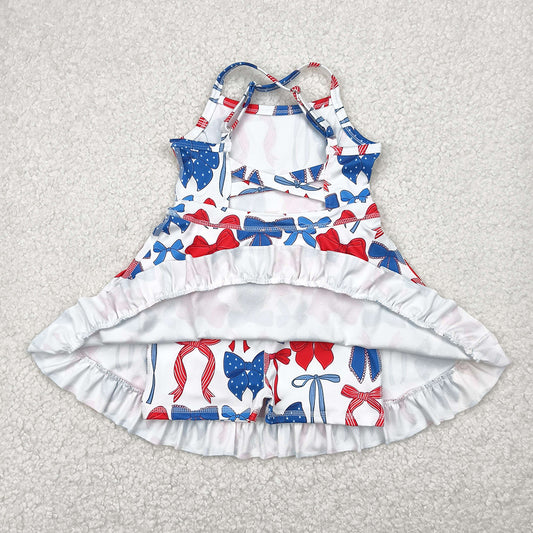 Baby Girls Strap Blue Red Bows 4th Of July Yoga Active Knee Length Dresses