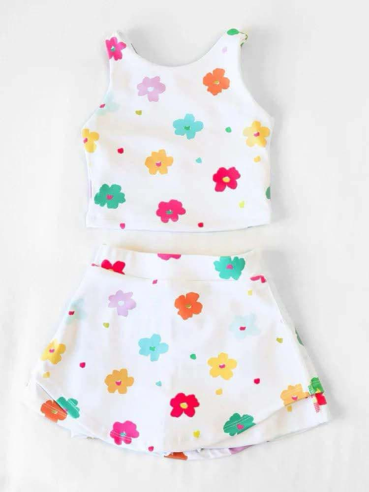 Preorder moq 5 Baby Girls Sleeveless Colorful Flowers Top Skort Yoga Set