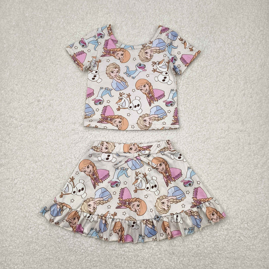 Sibling Baby Girls Short Sleeve Cartoon Princesses Top Ruffle Skirt Short Clothes Sets