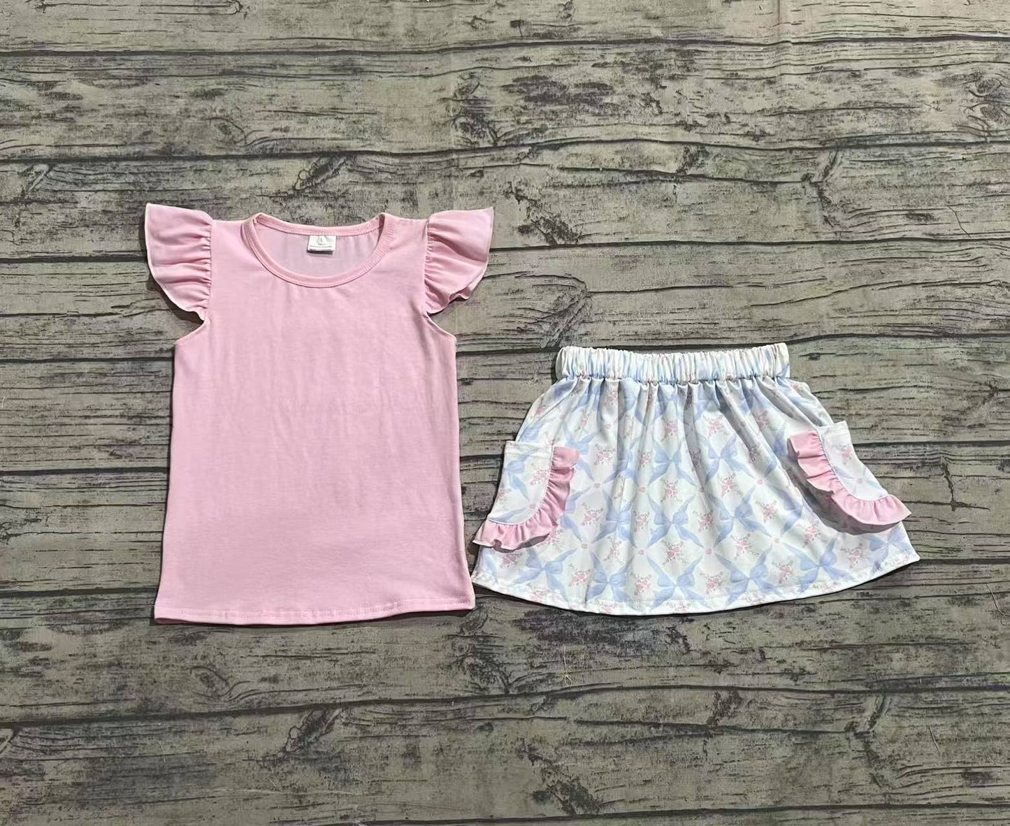 Baby Girls Pink Flutter Sleeves Top Floral Bows Pockets Skirts Sets