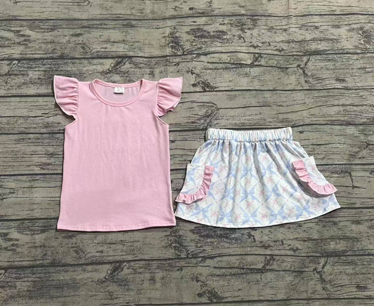 Baby Girls Pink Flutter Sleeves Top Floral Bows Pockets Skirts Sets