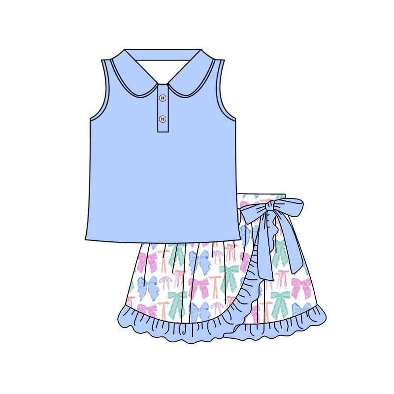 Preorder moq 5 Baby Girls Blue Sleeveless Button Top Colorful Bows Ruffle Skirts Sets
