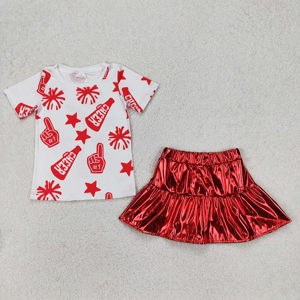 Baby Girls Cheer Shirt Red Leather Metallic Skirts Clothes Sets