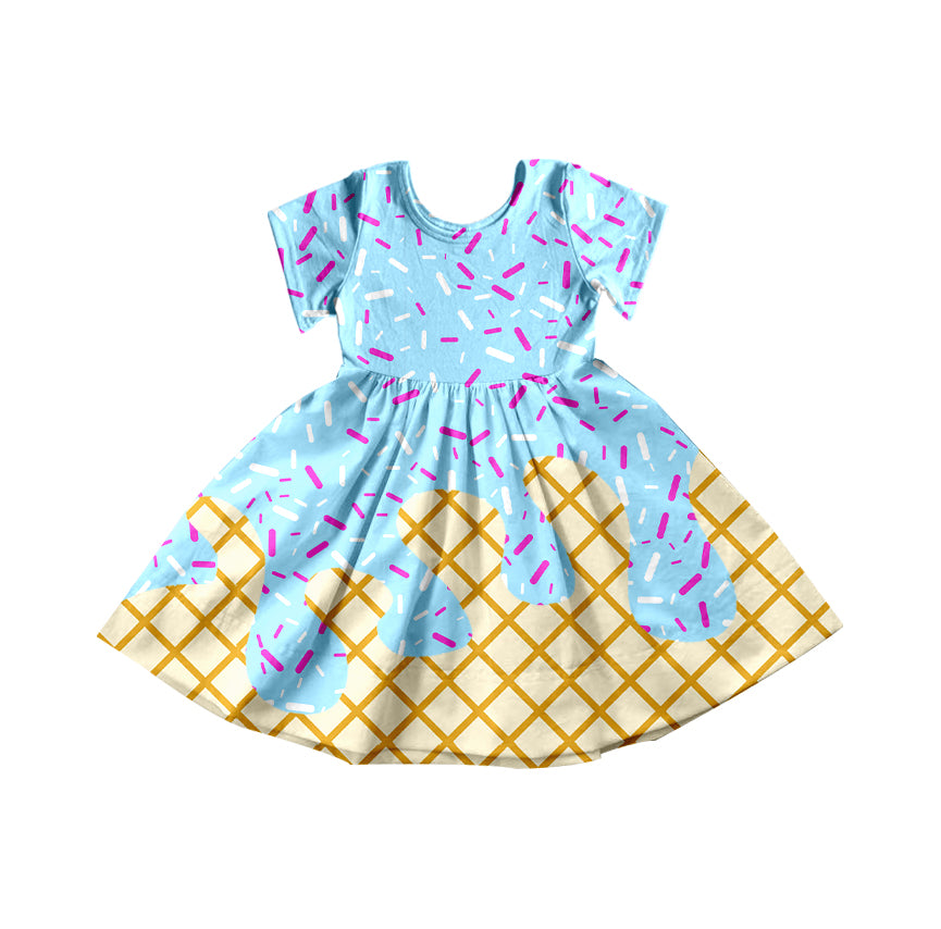 Baby Girls Blue Short Sleeves Ice-cream Drip Knee Length Dresses Preorder
