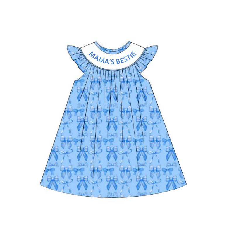 Preorder moq 5 Baby Girls Blue Sleeveless MAMA'S BESTIE Bows Knee Length Dresses