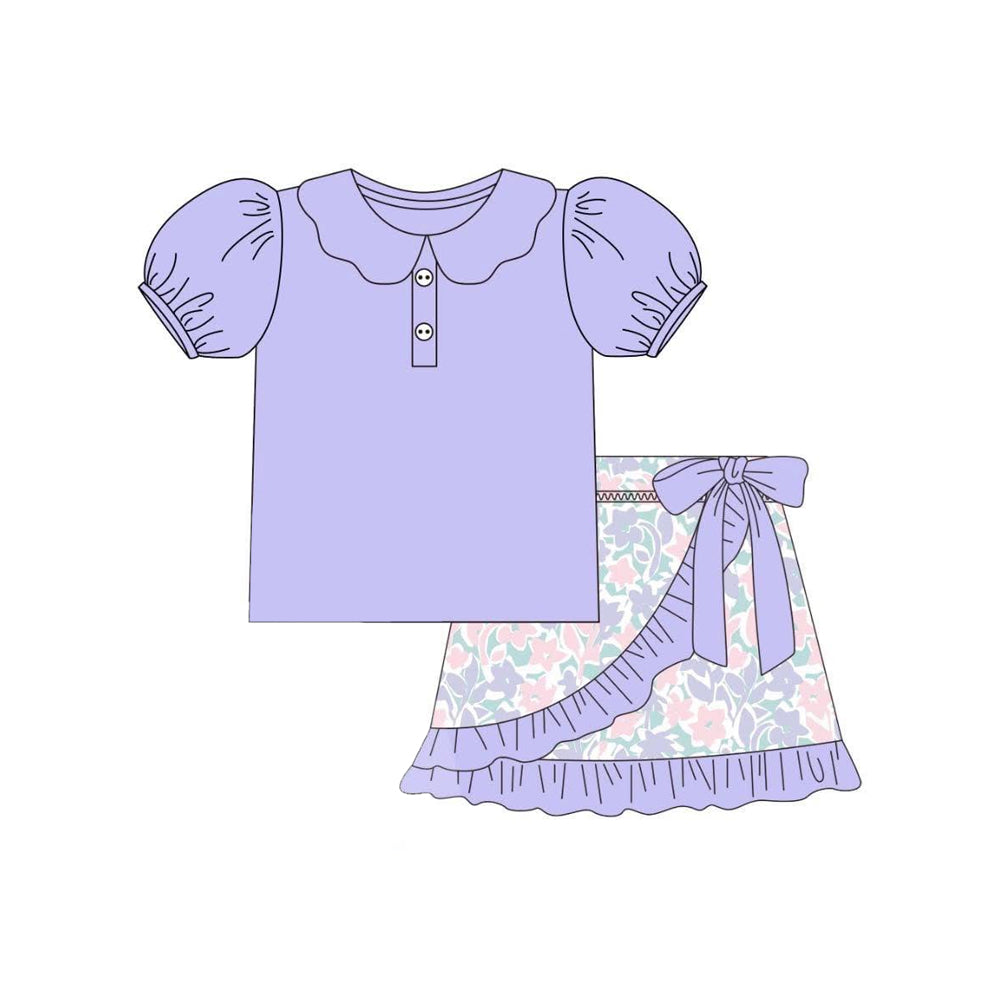 Preorder moq 5 Baby Girls Lavender Short Sleeves Button Tunic Floral Ruffle Short Set