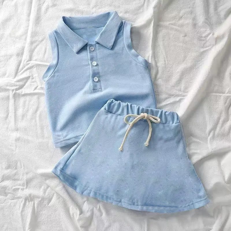 Baby Girls Blue Sleeveless Button Top Skort Yoga Set Preorder