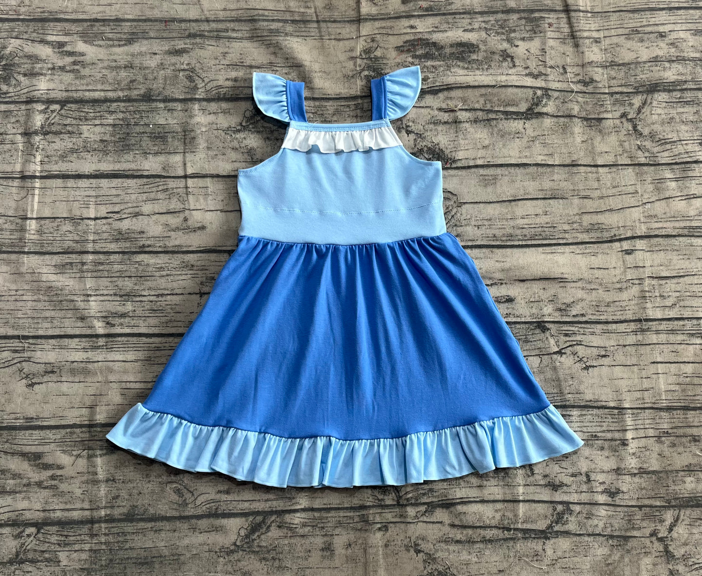 Baby Girls Blue Flutter Sleeves Patchwork Knee Length Dresses