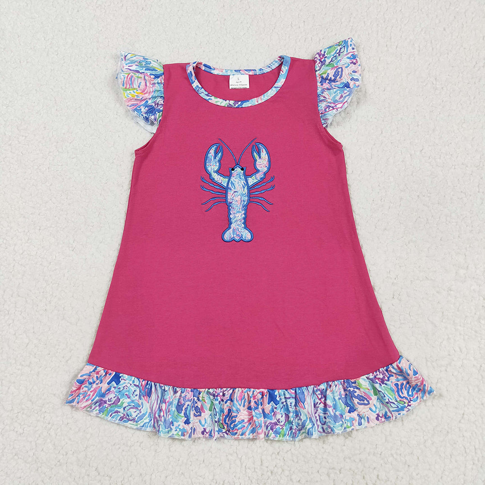 Embroidery Baby Girls Flutter Sleeves Floral Crayfish Knee Length Dress