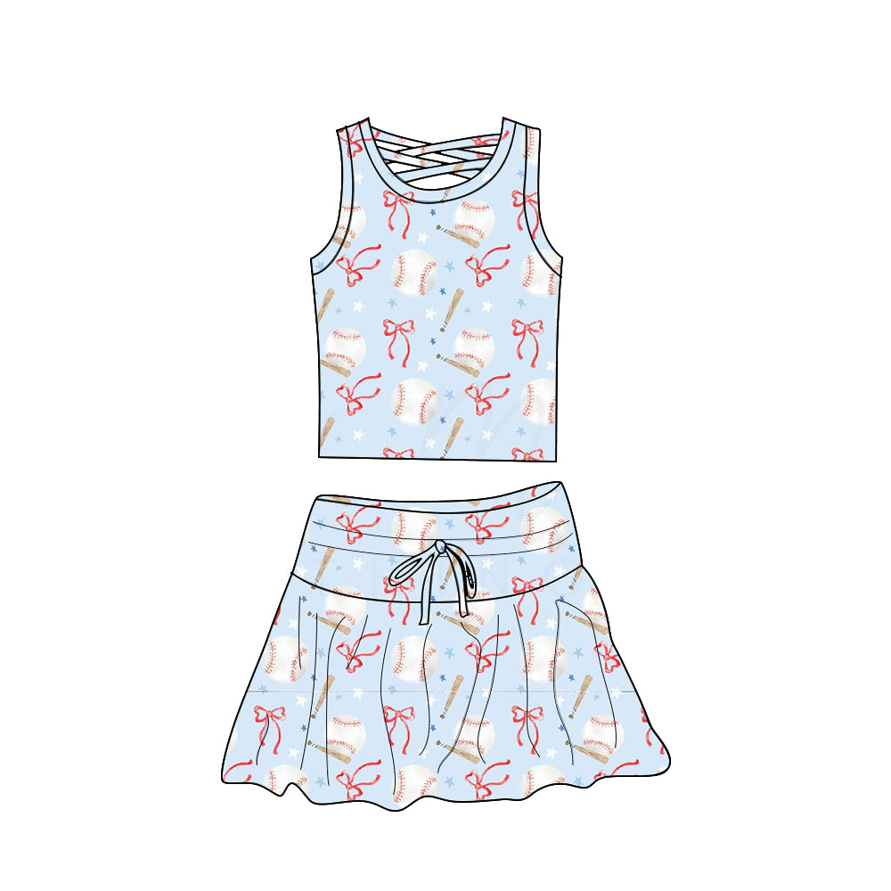 Baby Girls Sleeveless Bows Baseballs Top Skort Yoga Set Preorder