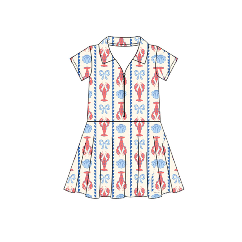 Preorder moq 5 Baby Girls Short Sleeves Bows Crayfishes Zipper Knee Length Dresses