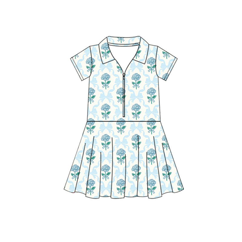 Baby Girls Short Sleeves Blue Bows Flowers Zipper Knee Length Dresses Preorder