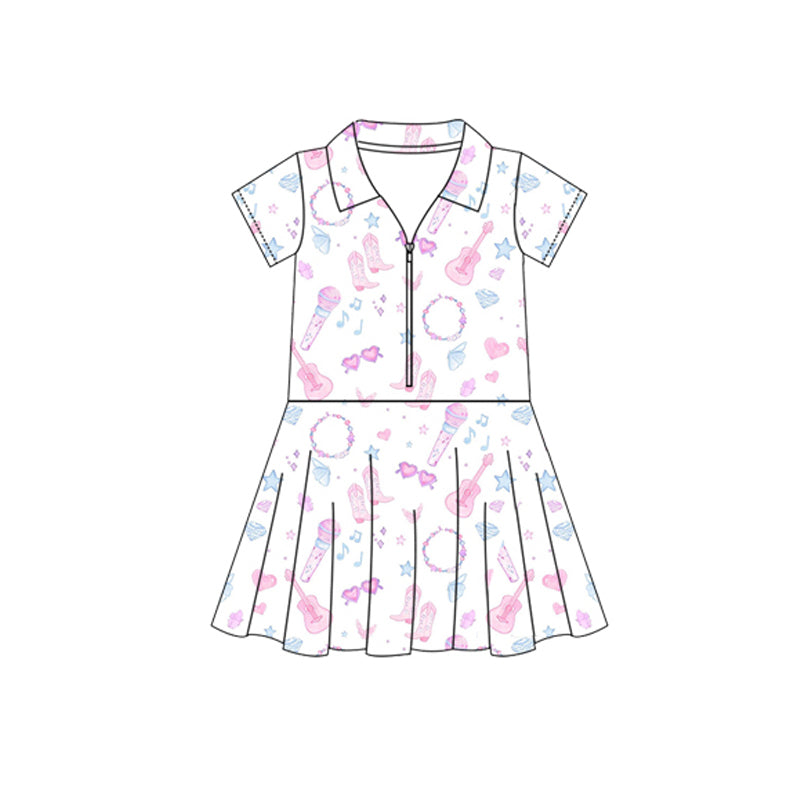 Baby Girls Short Sleeves Pink Boots Guitars Zipper Knee Length Dresses Preorder