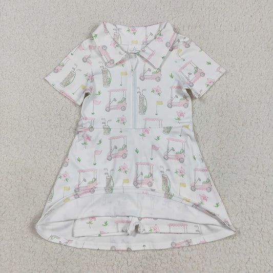 Baby Girls Short Sleeves Pink Flowers Golf Zipper Knee Length Dresses