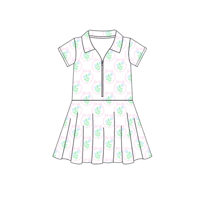 Baby Girls Short Sleeves Green Flowers Bows Zipper Knee Length Dresses Preorder