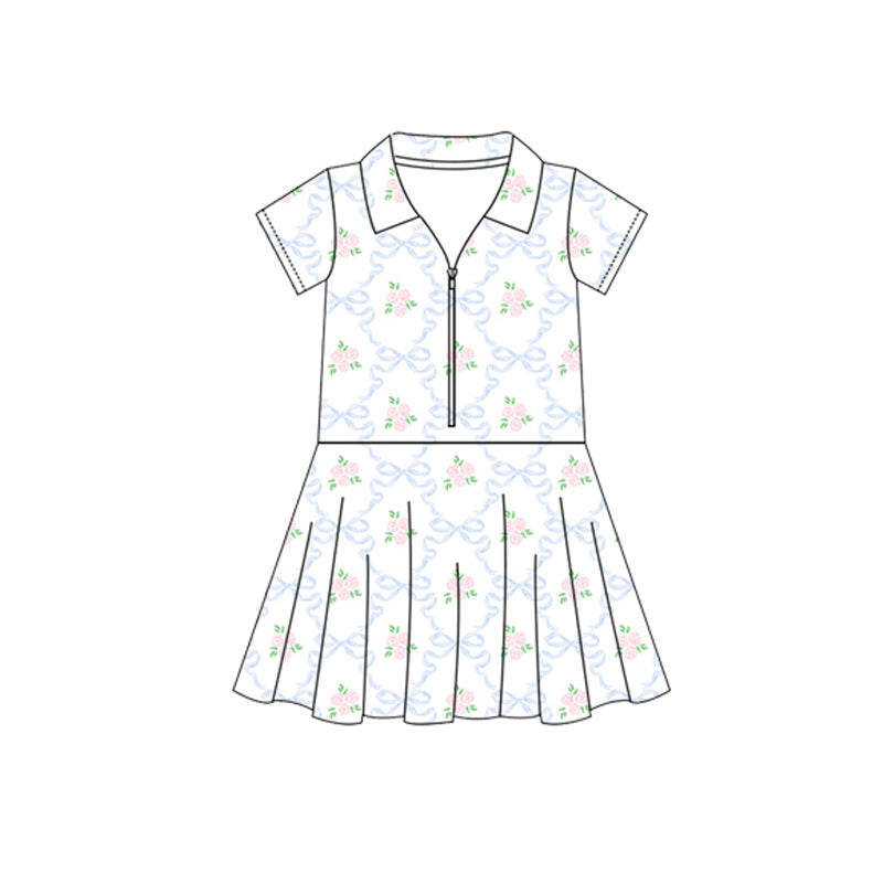 Baby Girls Short Sleeves Blue Bows Flowers Zipper Knee Length Dresses Preorder