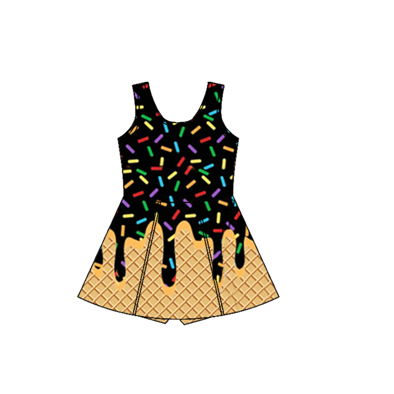 Preorder moq 5 Baby Girls Black Ice-cream Drip Yoga Skort Knee Length Dresses