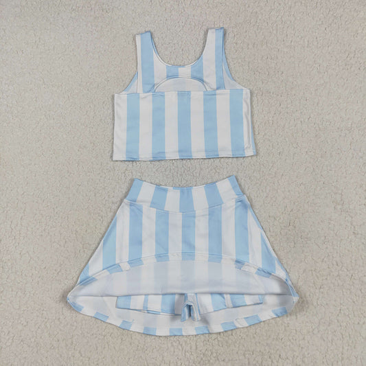 Baby Girls Blue Stripes Athletic Active Wear Top Shorts Skirts Outfits