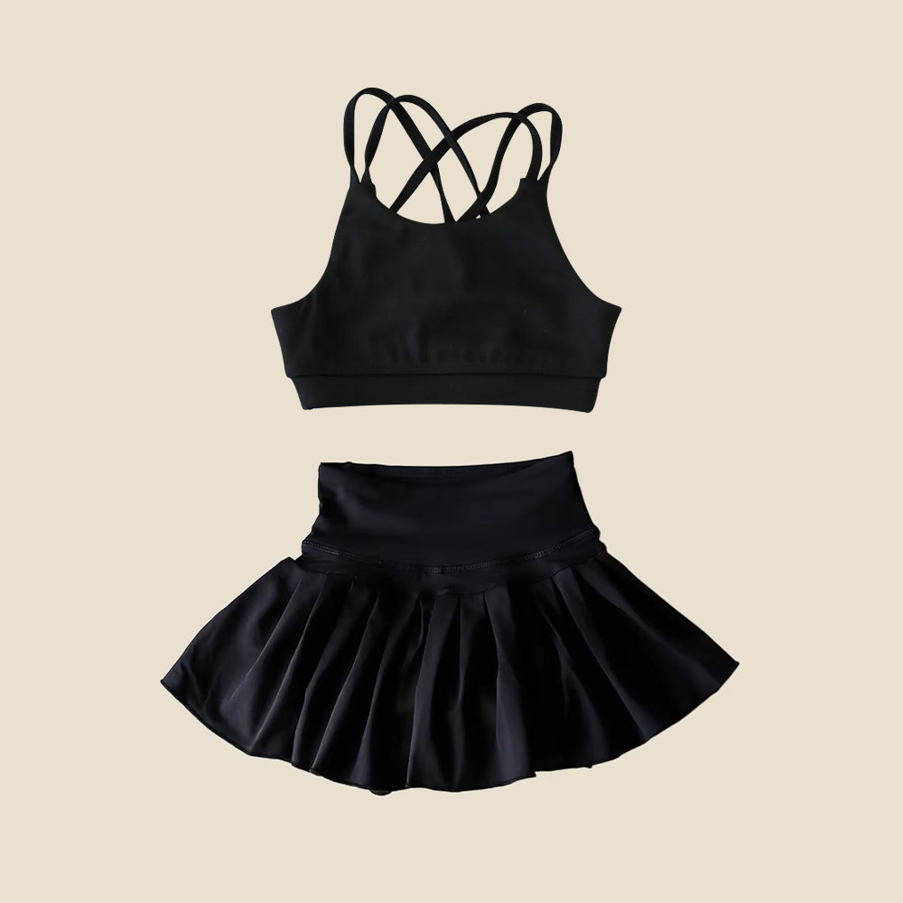Preorder moq 5 Baby Girls Black Strap Vest Top Skort Yoga Set