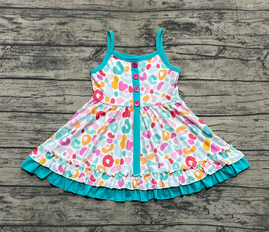 Baby Girls Blue Strap Colorful Leopard Button Knee Length Dresses