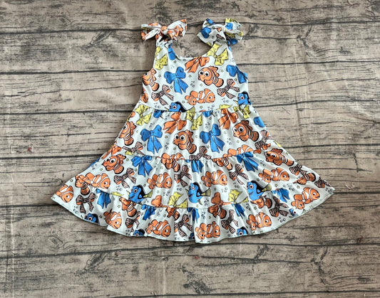 Baby Girls Strap Colorful Cartoon Fishes Bows Knee Length Dresses