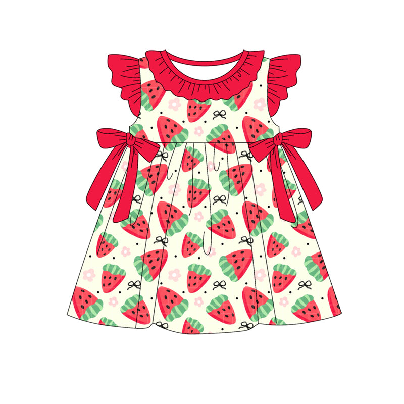 Baby Girls Red Flutter Sleeves Flowers Strawberry Knee Length Dresses Preorder