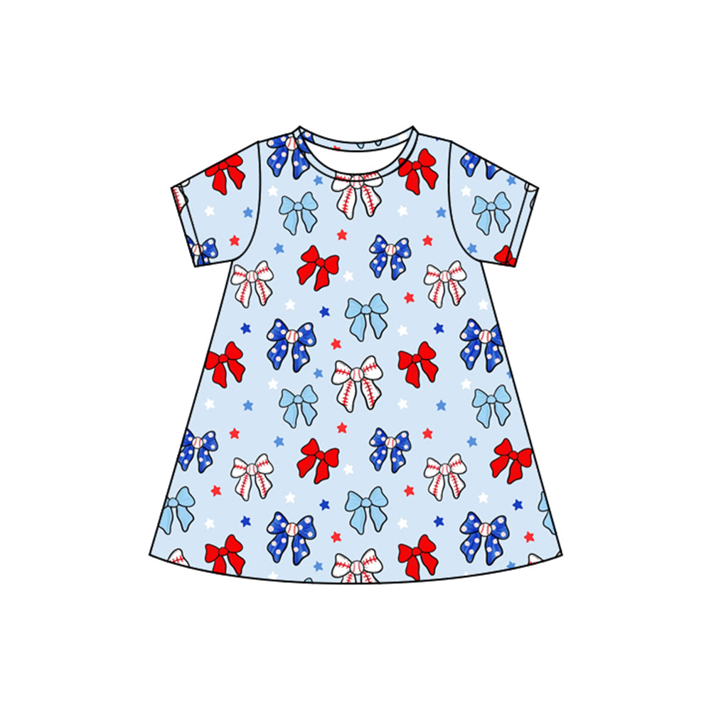 Baby Girls Short Sleeves Blue Red Bows Stars 4th Of July Knee Length Dresses Preorder