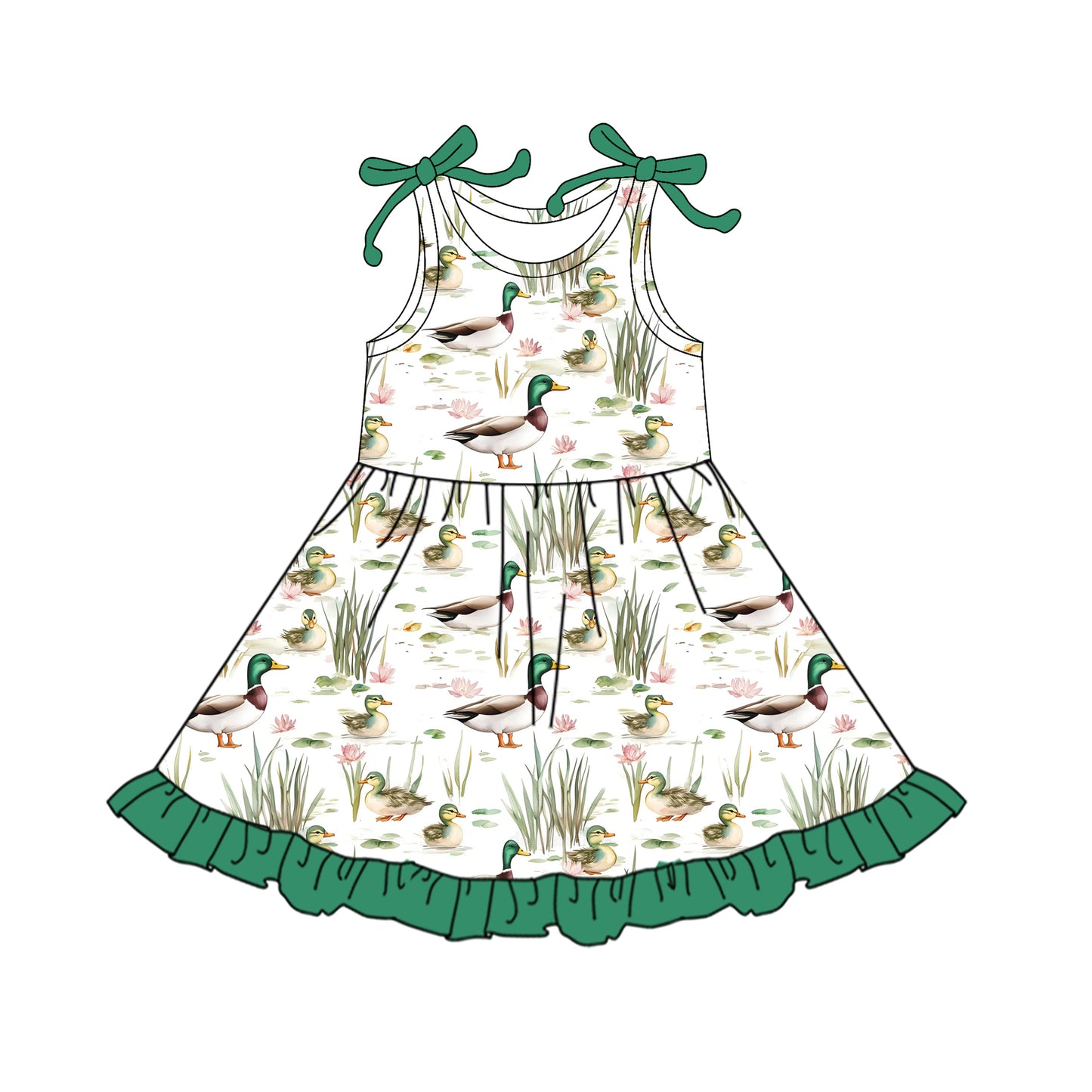 Baby Girls Green Bows Sleeveless Ducks Knee Length Dresses Preorder