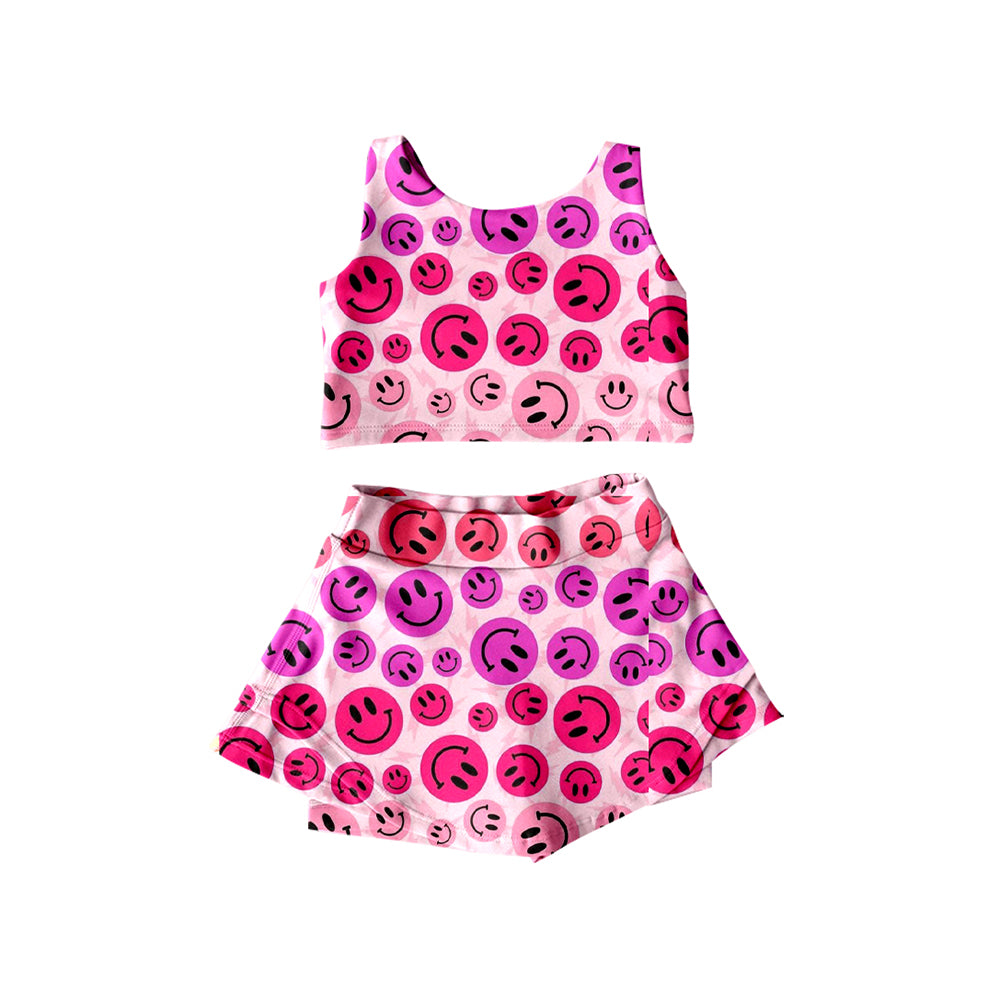 Preorder moq 5 Baby Girls Hot Pink Sleeveless Smiles Top Skorts Yoga Clothes Set