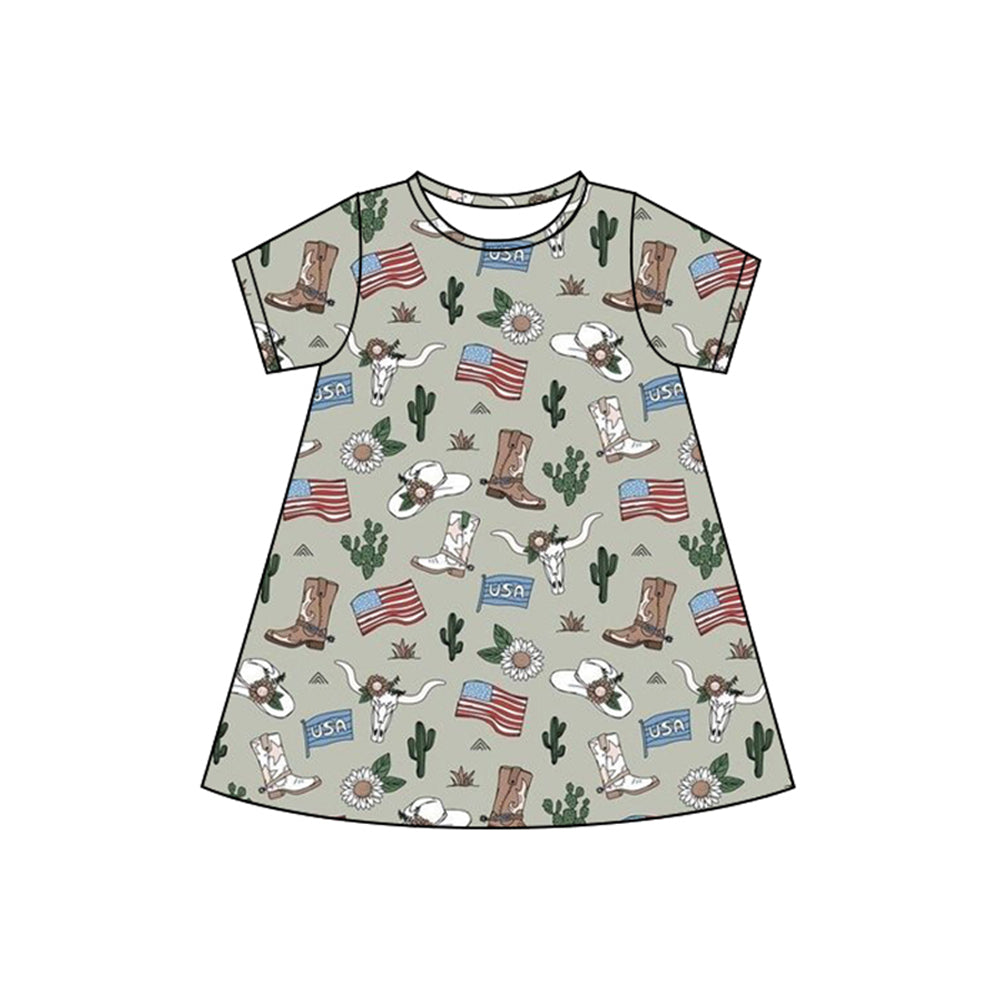 Baby Girls Gray Short Sleeves Flags Bull Skull 4th Of July Knee Length Dresses Preorder