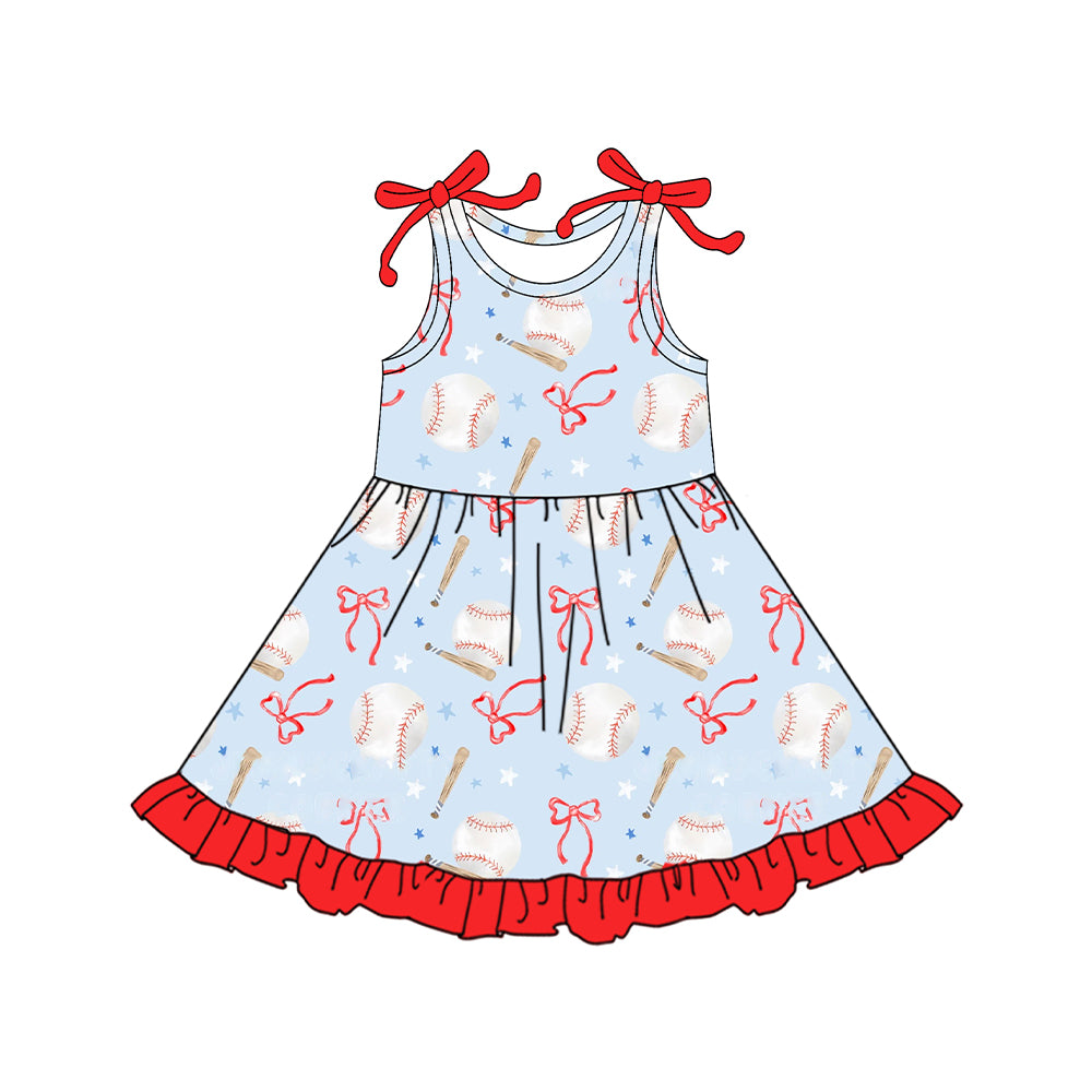 Baby Girls Sleeveless Bows Baseballs Knee Length Dress Preorder