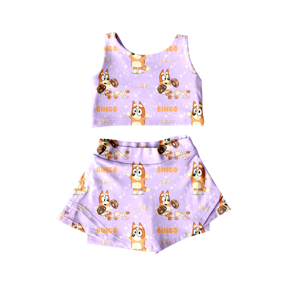 Preorder moq 5 Baby Girls Lavender Sleeveless Cartoon Dogs Top Shorts Skirts Yoga Outfits