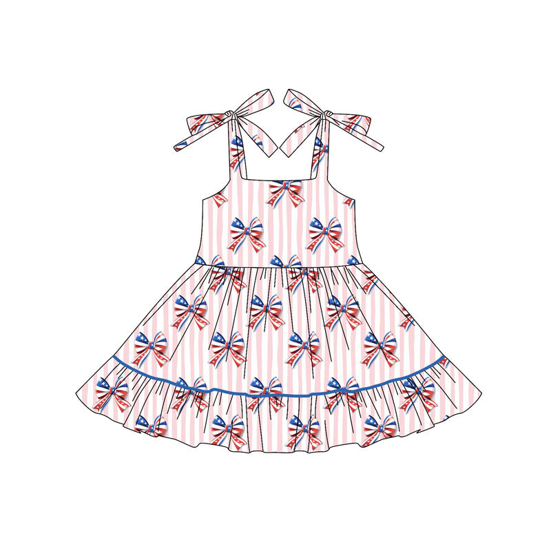 Baby Girls Pink Stripe Strap Blue Red Bows 4th Of July Knee Length Dress Preorder