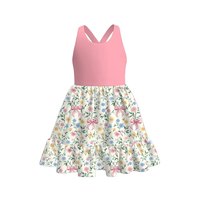 Baby Girls Pink Sleeveless Bows Floral Knee Length Dress Preorder