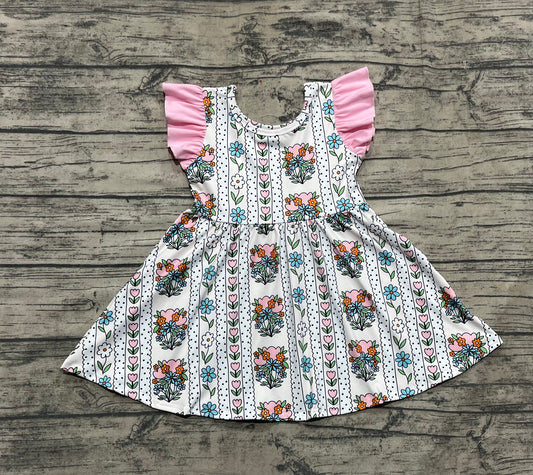 Baby Girls Pink Flutter Sleeves Floral Stripe Knee Length Dresses