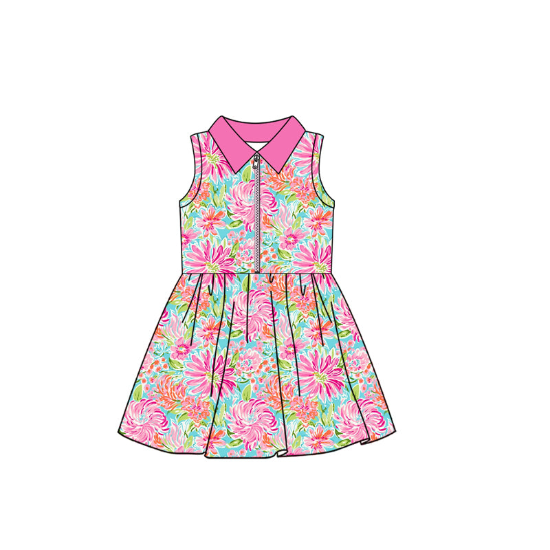 Baby Girls Sleeveless Hot Pink Watercolor Floral Zipper Knee Length Dresses Preorder