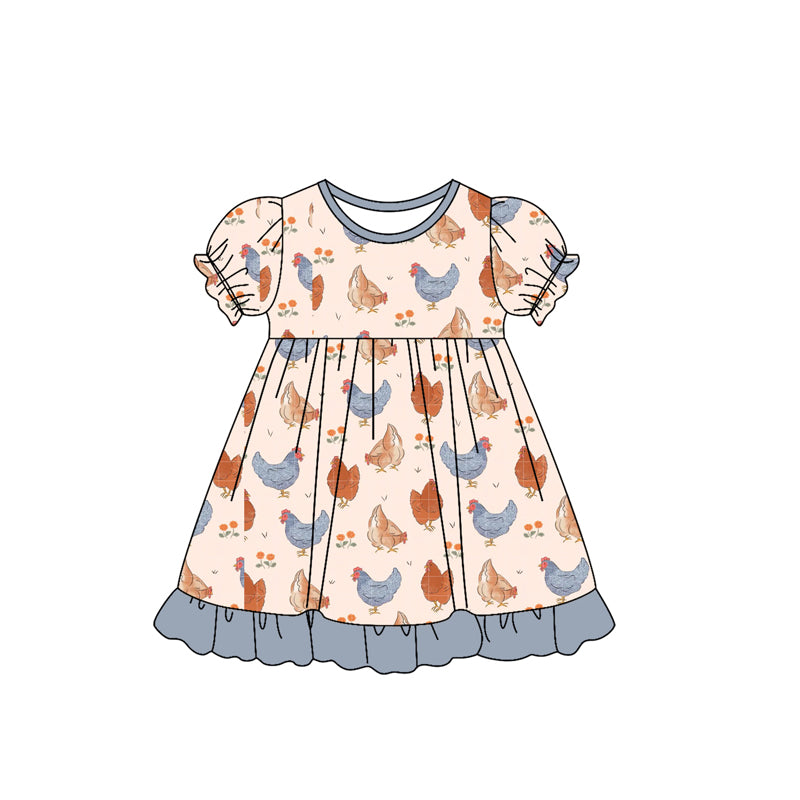 GSD2543Baby Girls Short Ruffle Sleeves Flowers Chicks Knee Length Dress Preorder
