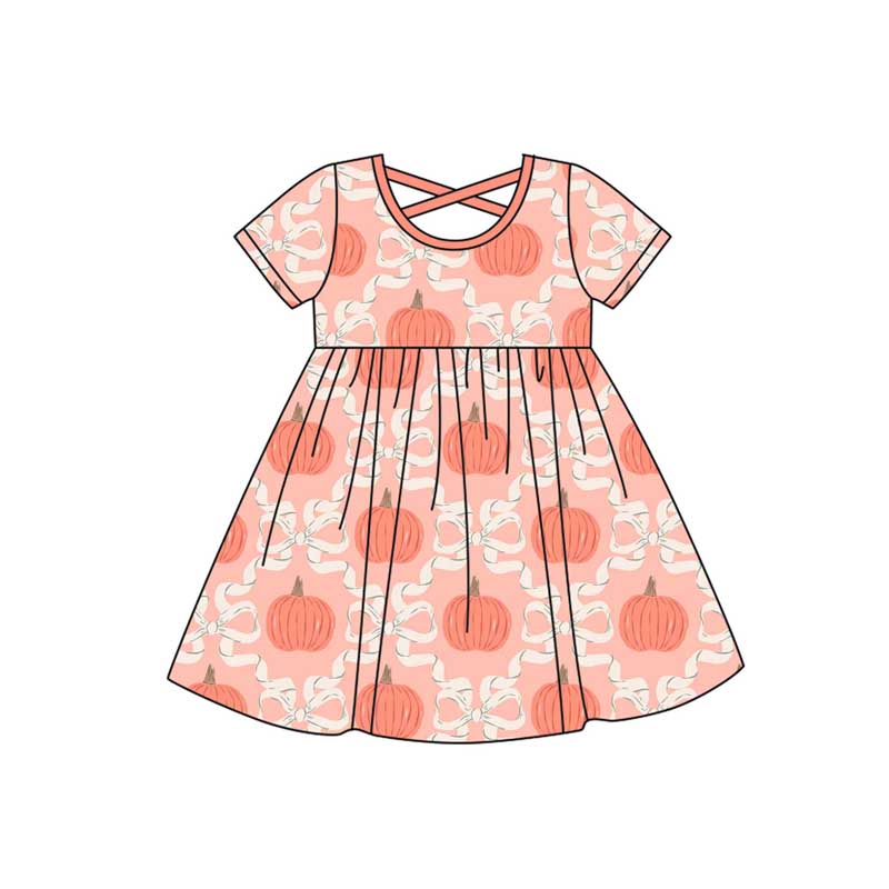 Baby Girls Peach Short Sleeves Pumpkins Bows Knee Length Dresses Preorder