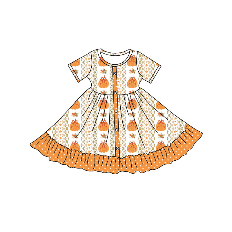 Baby Girls Short Sleeves Pumpkins Stripe Polka Dots Button Ruffle Knee Length Dresses Preorder