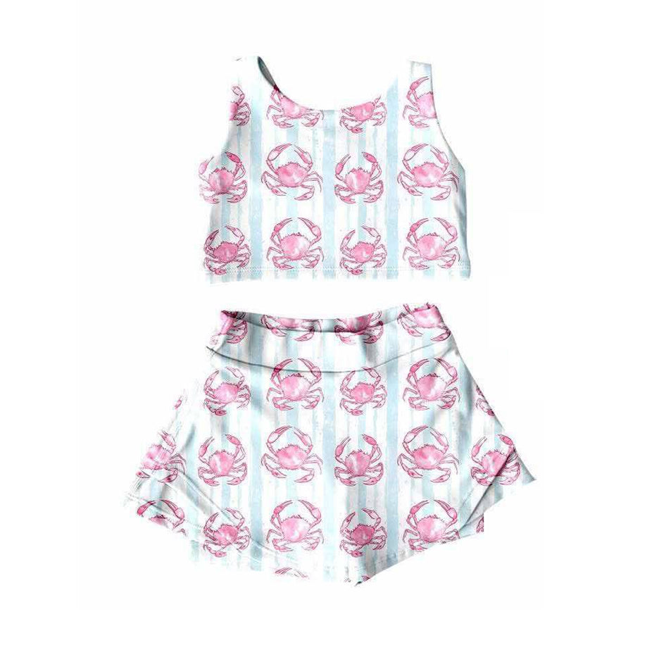 Baby Girls Sleeveless Blue Stripe Crabs Vests Top Skorts Yoga Clothges Set Preorder